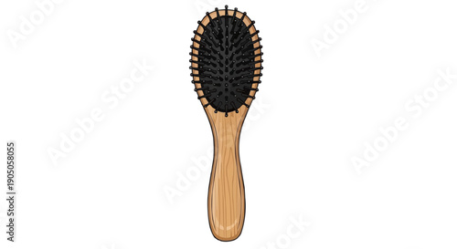 A minimalist illustration of a wooden hairbrush with black bristles on a transparent background