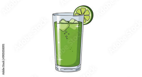 A refreshing glass of green juice with ice and lime on transparent background