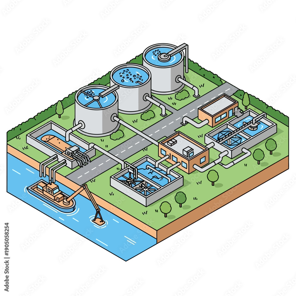 Obraz premium Isometric Water Treatment Plant with Filtration and Purification System.