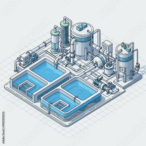 Isometric Water Treatment Plant Illustration with Tanks and Pipes.