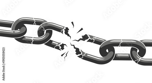 Broken metal chain with shattered links on white background.