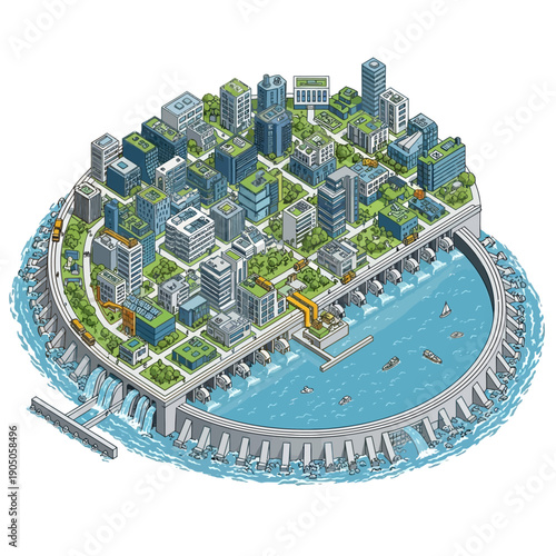 Sustainable City with Green Buildings and Hydroelectric Dam.