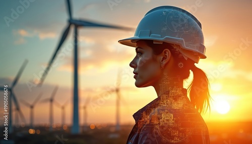 Female engineer in hard hat looks at wind farm at sunset. Woman works on renewable energy project. She thinks about future power generation technology.
