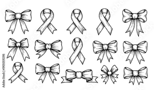 Hand Drawn Ribbon Bow Doodle Icon Set Brush Grunge Textured Vector Collection