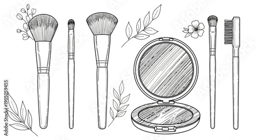 Hand drawn sketch collection of makeup brushes and compact powder mirror.