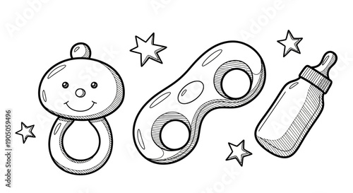 Hand drawn sketch of baby rattle teether and feeding bottle.