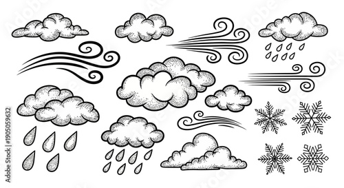 Hand drawn weather elements set with clouds, rain, wind, and snowflakes.