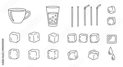 Hand-Drawn Beverage Set with Ice Cubes and Straws.