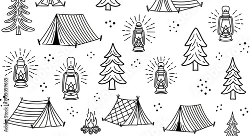 Hand-drawn camping pattern with tents, trees, lanterns, and campfires.