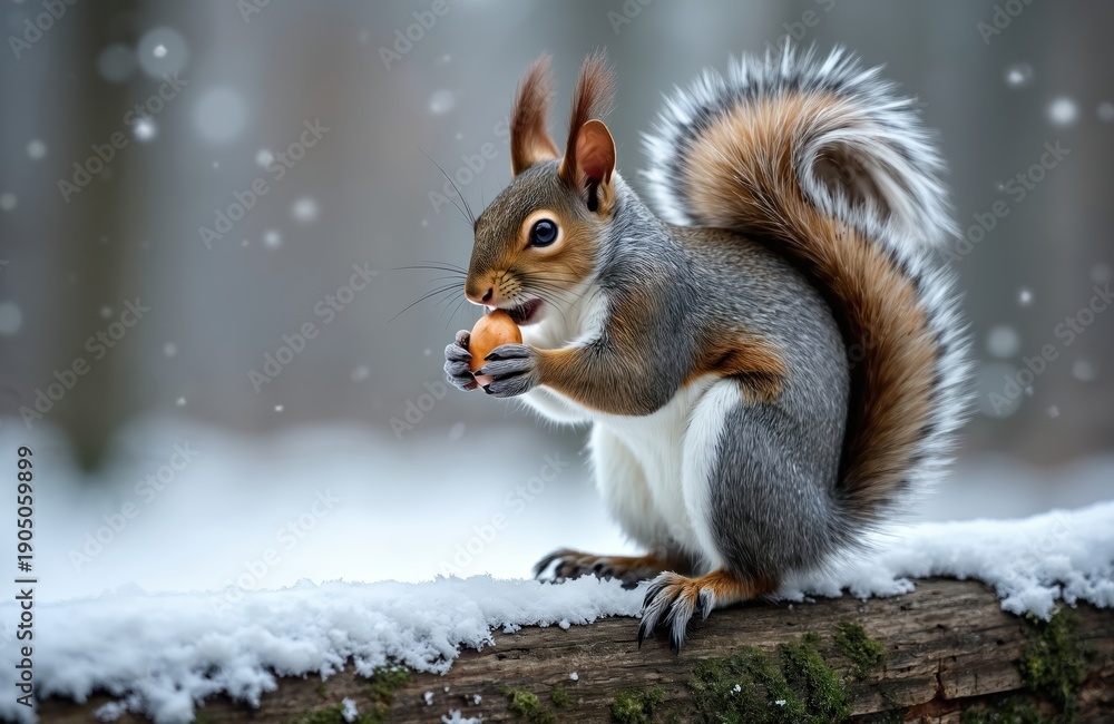Fototapeta premium Grey squirrel eats nut on snowy log in winter park. Furry rodent holds food in paws, enjoys meal in cold forest nature. Wildlife mammal foraging outdoors during snowfall season.