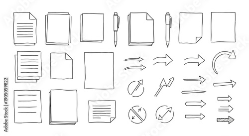 Hand-Drawn Paper and Arrow Icons - Documents, Pens, and Directional Symbols.