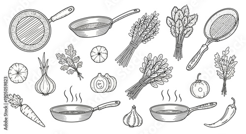 Hand-Drawn Kitchenware and Vegetables Illustration.