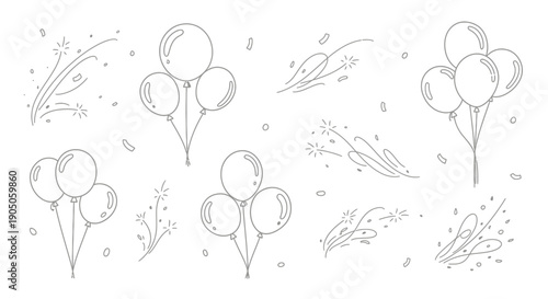 Hand-drawn sketch of festive balloons and confetti, perfect for celebrations.