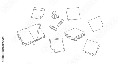Hand-drawn sketch of various office and stationery items scattered on a surface.