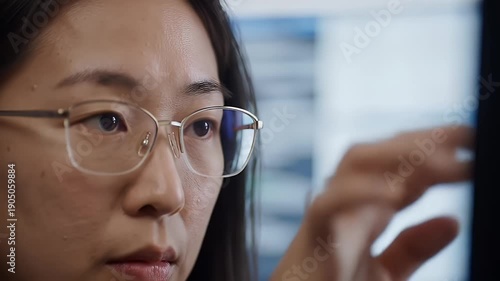 Woman working on monitor.