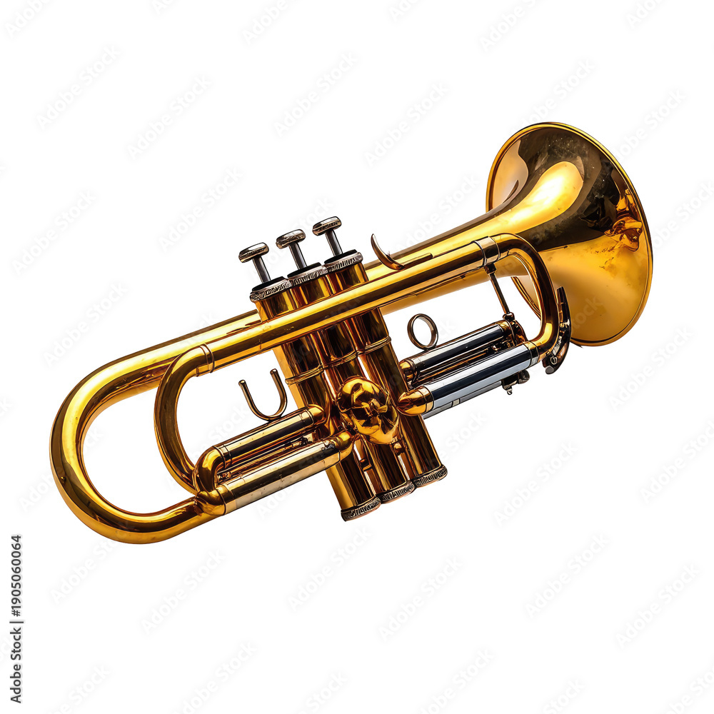 Obraz premium Polished brass instrument against a black backdrop, angled to the right