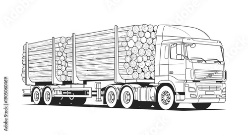 Detailed black and white illustration of a large truck carrying logs.