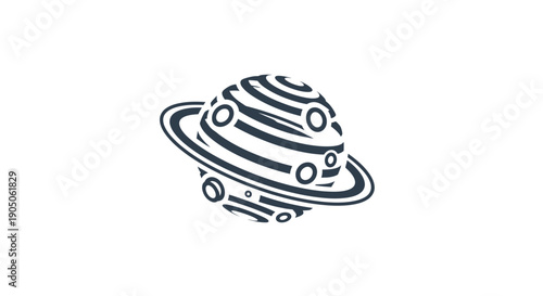 Abstract black and white illustration of a stylized planet with rings and circular patterns.