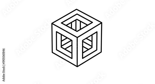 Black and white isometric impossible cube optical illusion design.