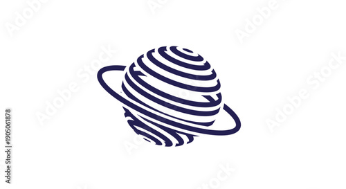 Abstract stylized planet with rings and striped surface design.