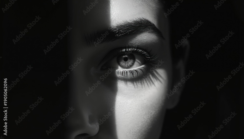 Fototapeta premium Black and white extreme close up shot of a woman eye partially hidden by shadow. Light beam crosses face highlighting brow and iris. Concept of mystery, surveillance, or introspection.