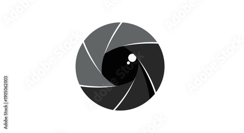 Abstract black and white aperture shape symbol with curved segments.