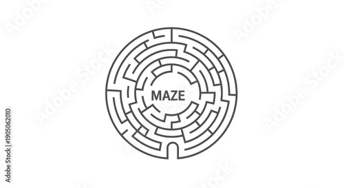 Black and white circular maze puzzle with the word maze in the center.