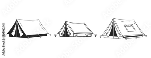 Simple black and white line drawings of three different tents.