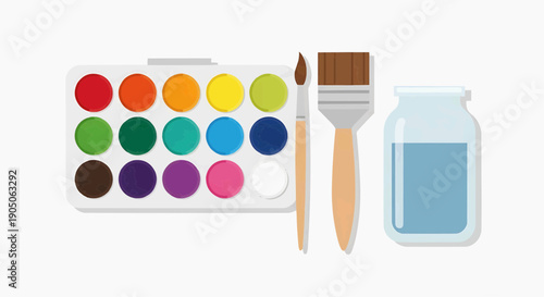 Art supplies including a watercolor paint palette, brushes, and a jar of water for creative painting and artistic expression