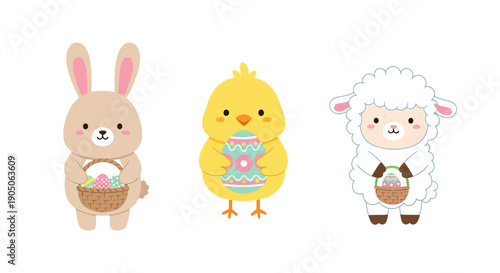 Cute Cartoon Easter Bunny Chick Lamb.