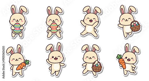 Cute Cartoon Rabbits with Easter Baskets and Carrots.