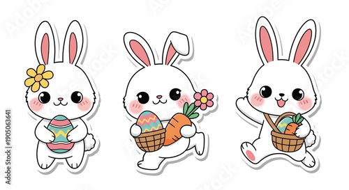Three Cartoon Rabbits with Easter Baskets.