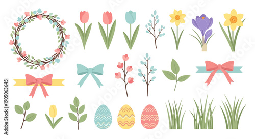 Watercolor Floral Elements and Easter Decorations Set.