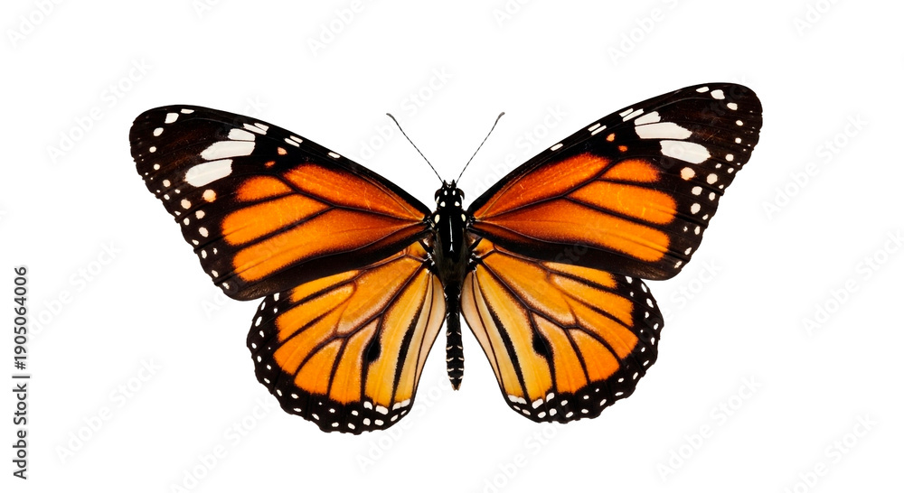 Obraz premium A vibrant orange butterfly with black and white details on transparent background