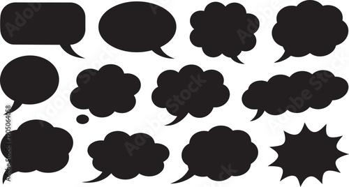 Black speech bubbles and conversation clouds on white background