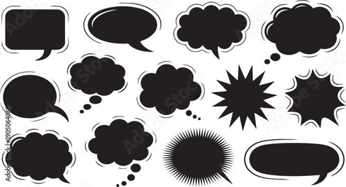 Black comic book speech bubbles and thought clouds on white background