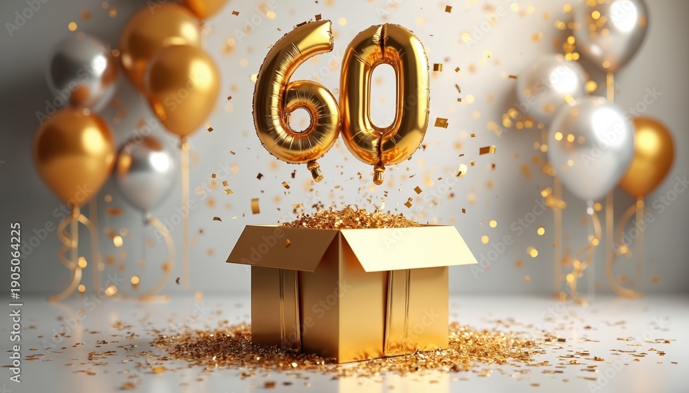 Obraz premium Golden number 60 balloons rise from open box with confetti. Silver and gold balloons float around. Festive surprise for 60th birthday party celebration.
