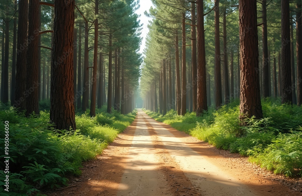 Obraz premium Dirt road through a tall pine forest with lush green undergrowth. Sunlight streams through the trees, casting dappled shadows on the path ahead.