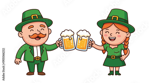 Happy Cartoon Leprechauns Toasting with Beer Mugs