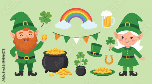 St Patricks Day Cartoon Leprechauns and Symbols
