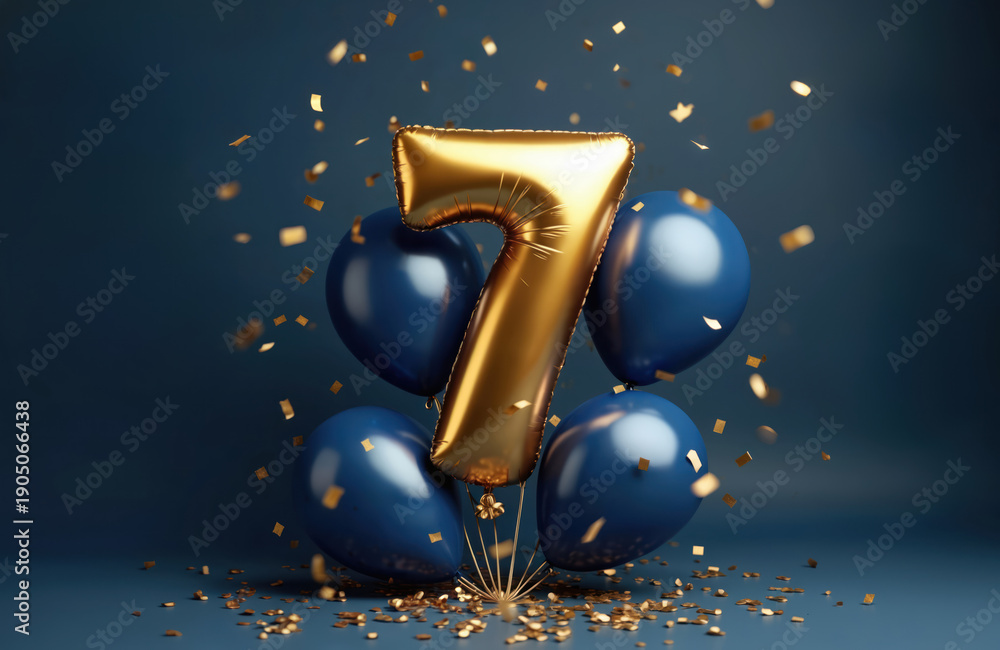 Obraz premium Golden number 7 balloon floats with navy blue balloons. Confetti scatters around for a festive celebration. Perfect for birthdays anniversaries and party themes.