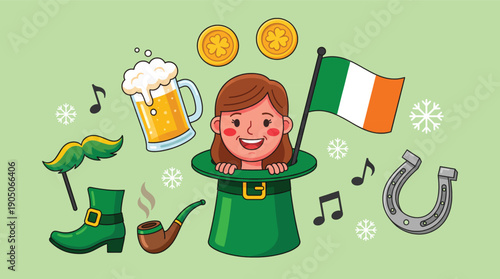 Cheerful Woman in Leprechaun Hat Celebrating St Patricks Day with Irish Symbols