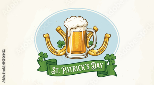 St Patricks Day Beer, Shamrocks, and Lucky Horseshoes Illustration