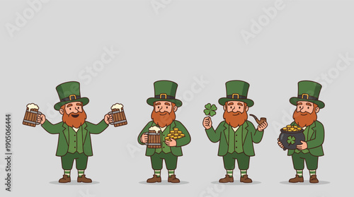 Happy Leprechauns with Beer, Gold Coins, Clovers, and Pot of Gold