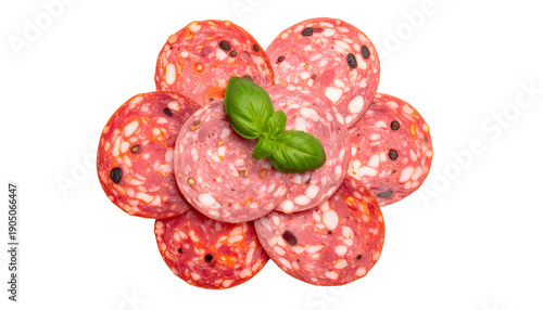 Sliced cured meats arranged in a flower shape with basil