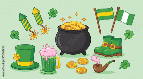 Collection of St Patricks Day Celebration Symbols and Lucky Charms
