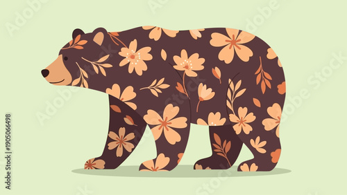 Brown bear with floral pattern walking on green background