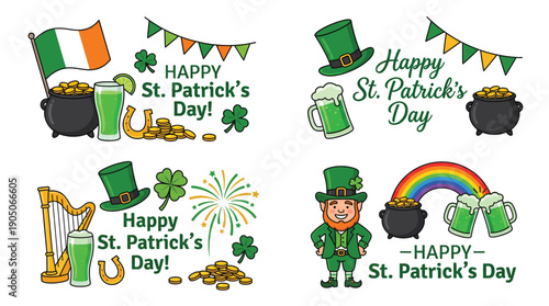 Happy St Patricks Day Collection with Leprechaun and Irish Symbols