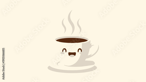 Happy cartoon coffee mug steaming on a warm background.