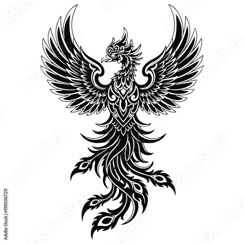 Vector Black and White Ornate Phoenix Bird Illustration